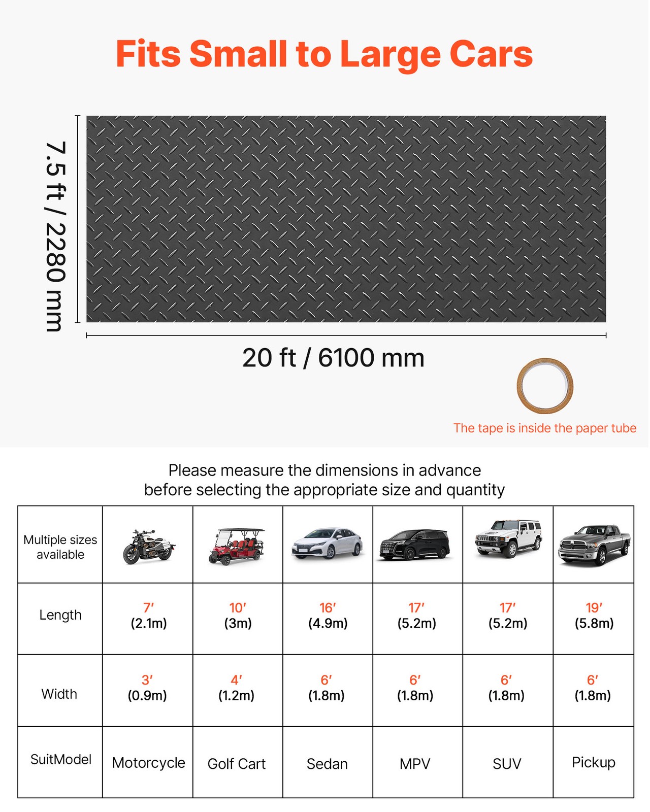 VEVOR Garage Floor Roll 7.5×20 ft PVC Diamond Mat Non-Slip Easy Clean Black