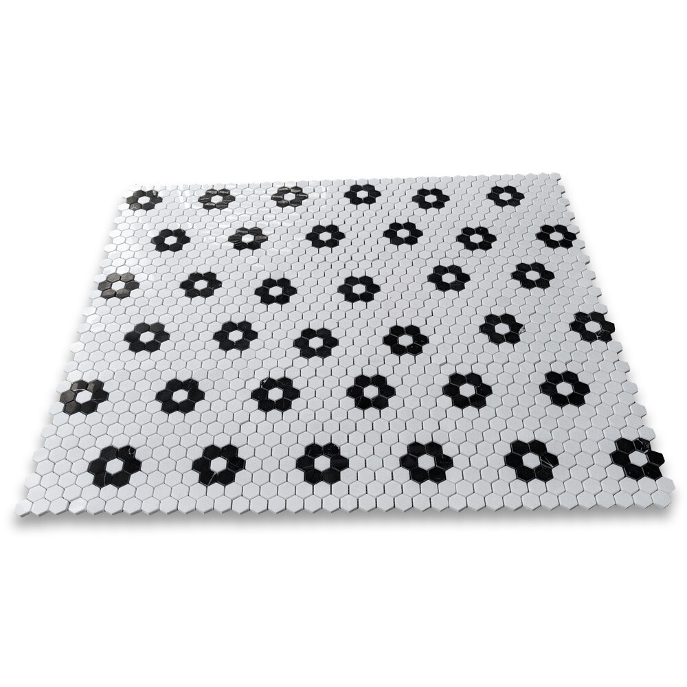 T31F1XP Thassos White Marble Hexagon Rosette Mosaic Tile Nero Marquina Black