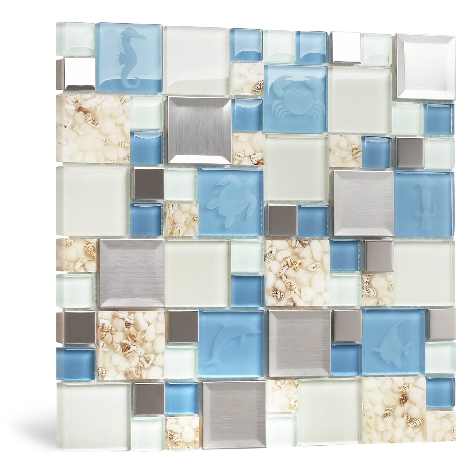 Beach Style Mosaic Tiles – Blue Sea Glass Backsplash with Real Seashells (5 Shee