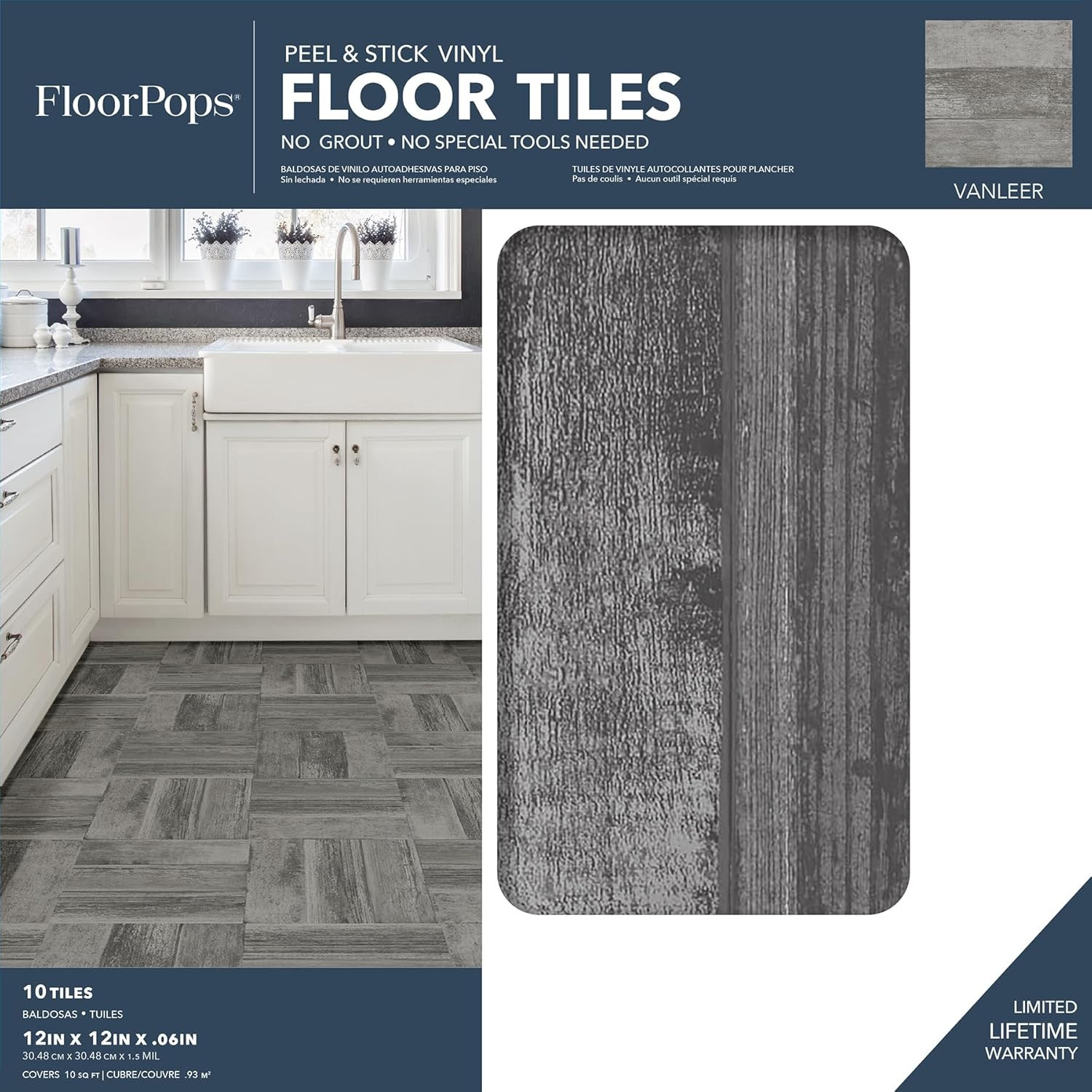 Floorpops Vanleer Peel and Stick Floor Tiles, Grey, Wood-Look Vinyl Floor Tiles,