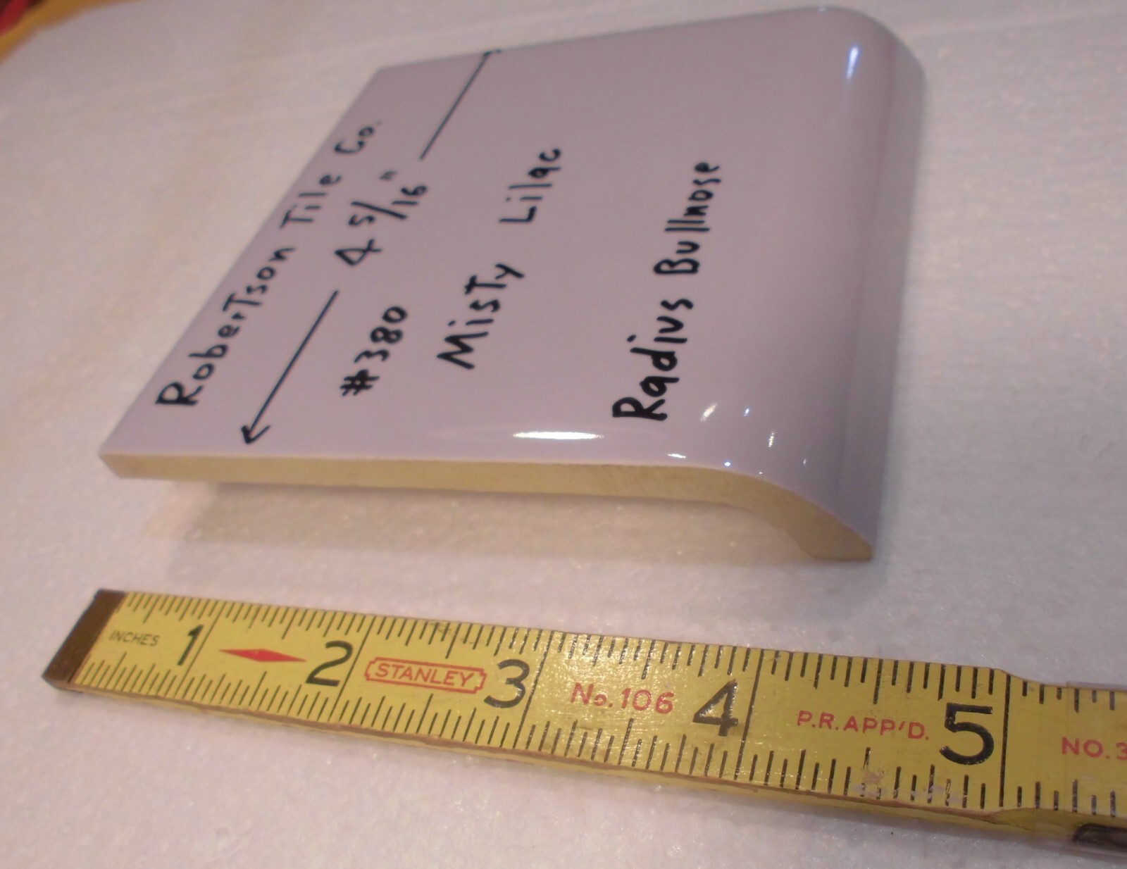 1 pc. Radius Bullnose; Misty Lilac: Glossy Ceramic Tile by Robertson 4-5/16″
