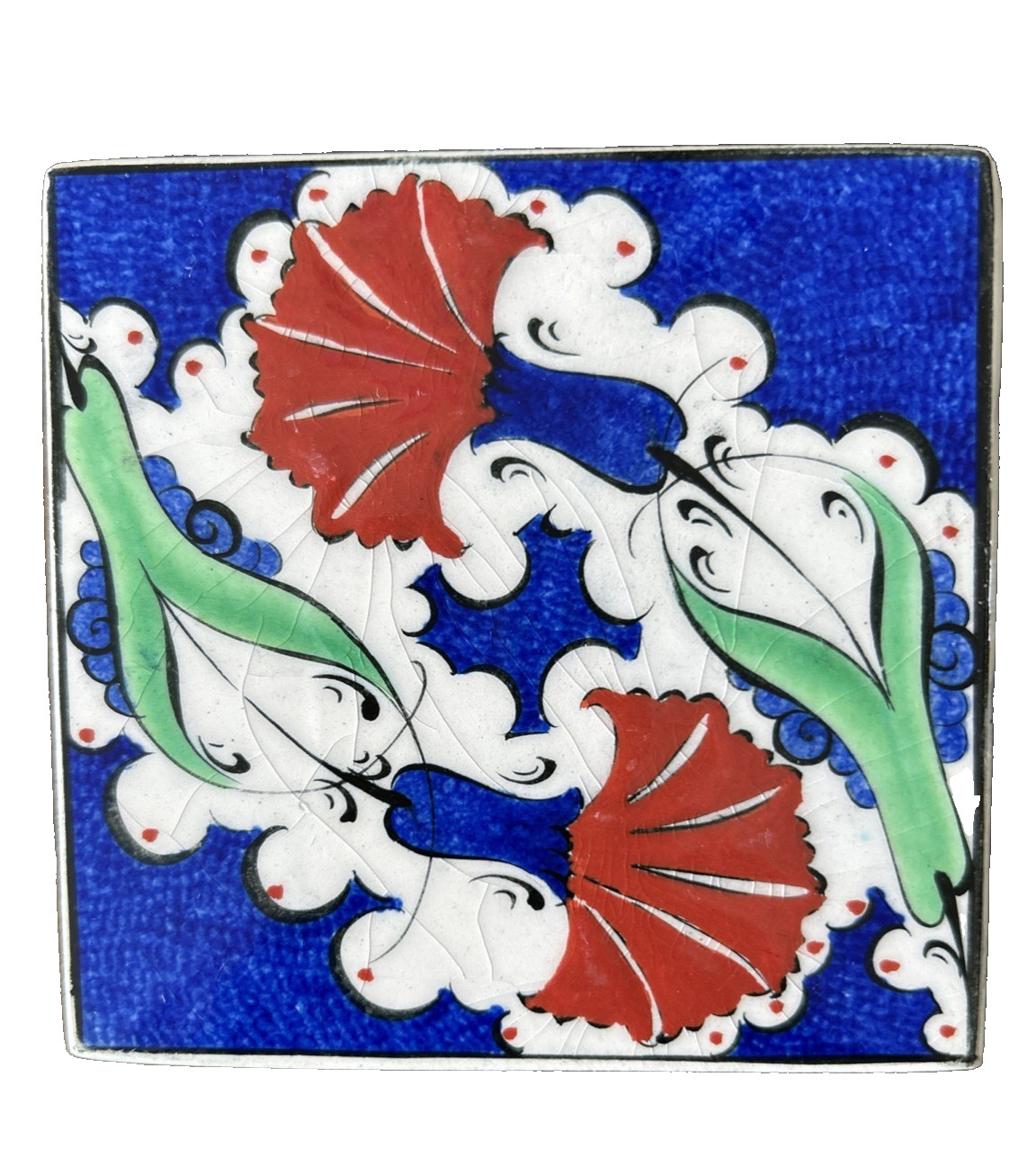 Set of 4 Handmade Turkish Ceramic Tiles Iznik Kütahya Floral Bird Blue Red 4×4”