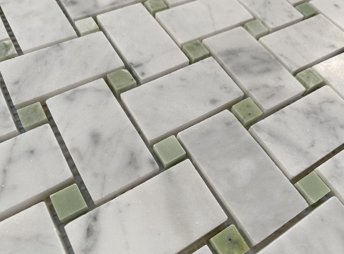 C652XH White Carrara Marble 1×2 Basketweave Mosaic Tile Green Dots Honed