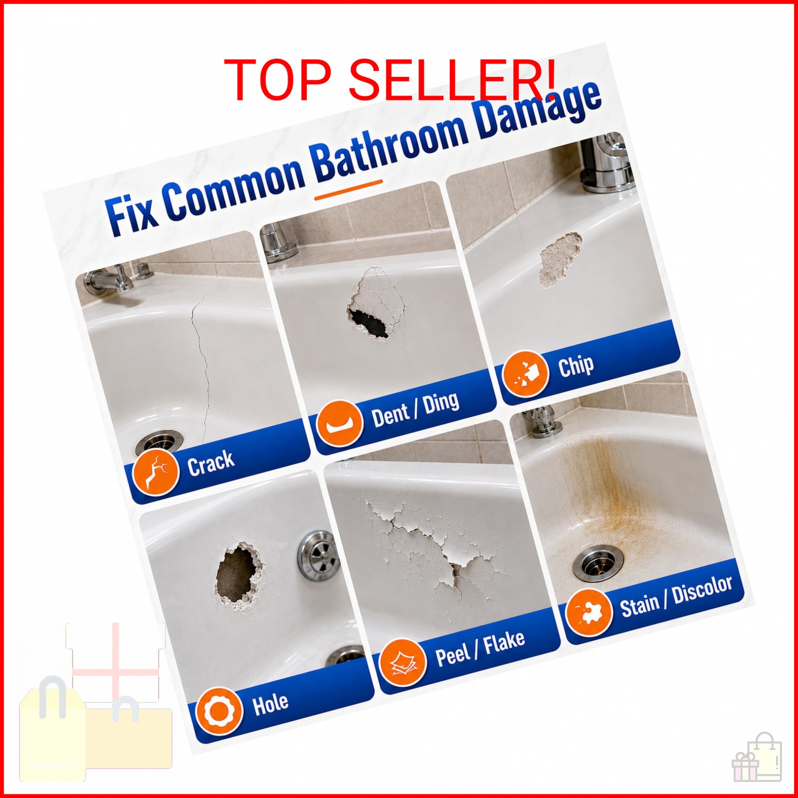 Tub Repair Kit White, Tub Chip and Bathtub Repair Kit for Enamel, Fiberglass, Ac