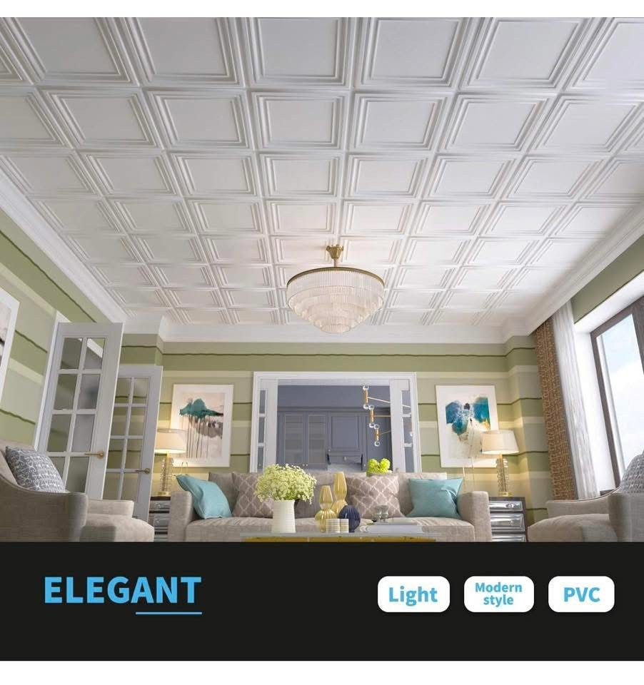 PVC Ceiling Tiles, 2’x2′ Plastic Sheet in White 12-Pack Glue Down