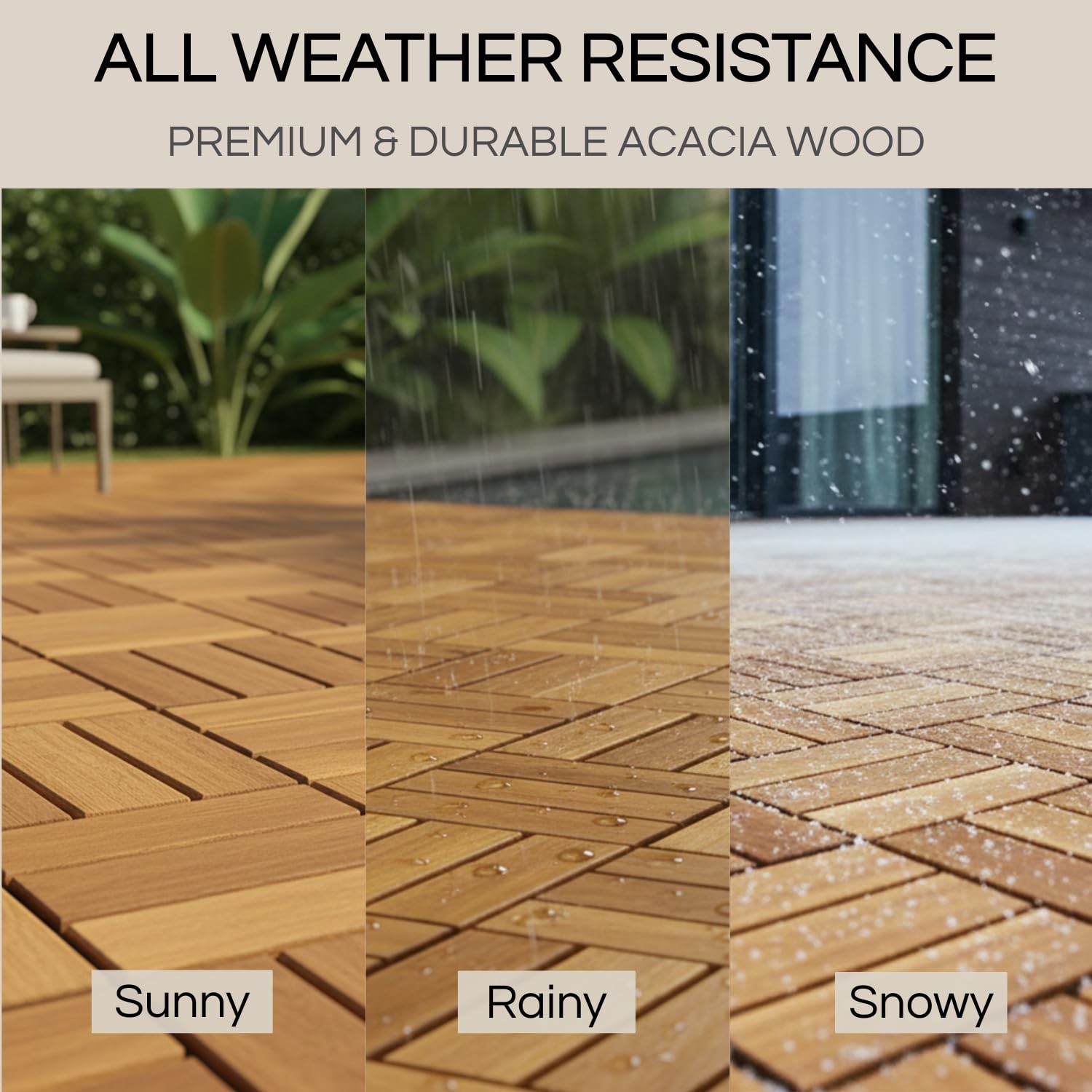Crossed Pattern Interlocking Deck Tiles – 12”x12” Waterproof Acacia Wood Set
