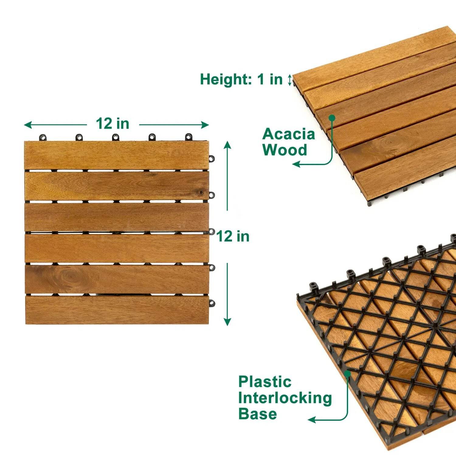 10PCS Acacia Wood Deck Tile Interlocking Flooring Waterproof Tiles Outdoor Patio