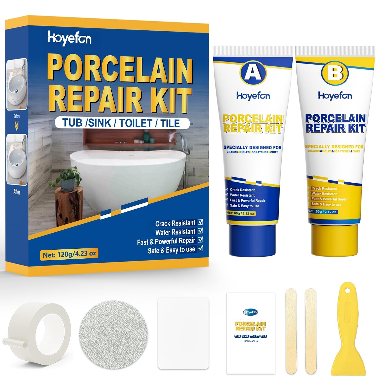 Porcelain Repair Kit White,Tub Chip and Bathtub Repair Kit for Chips, Cracks,…