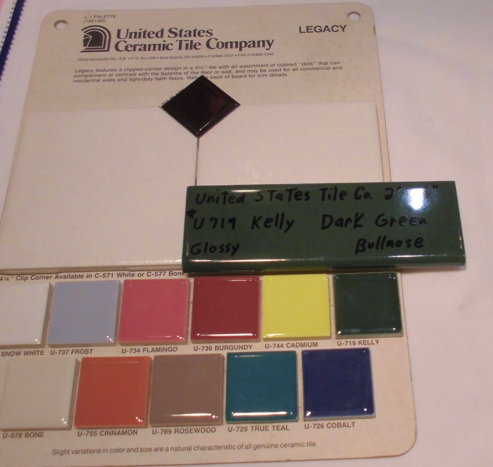 1 pc. Dark Greenest-Blue; Glossy Bullnose Surface Flat Ceramic Tile; NOS , USA
