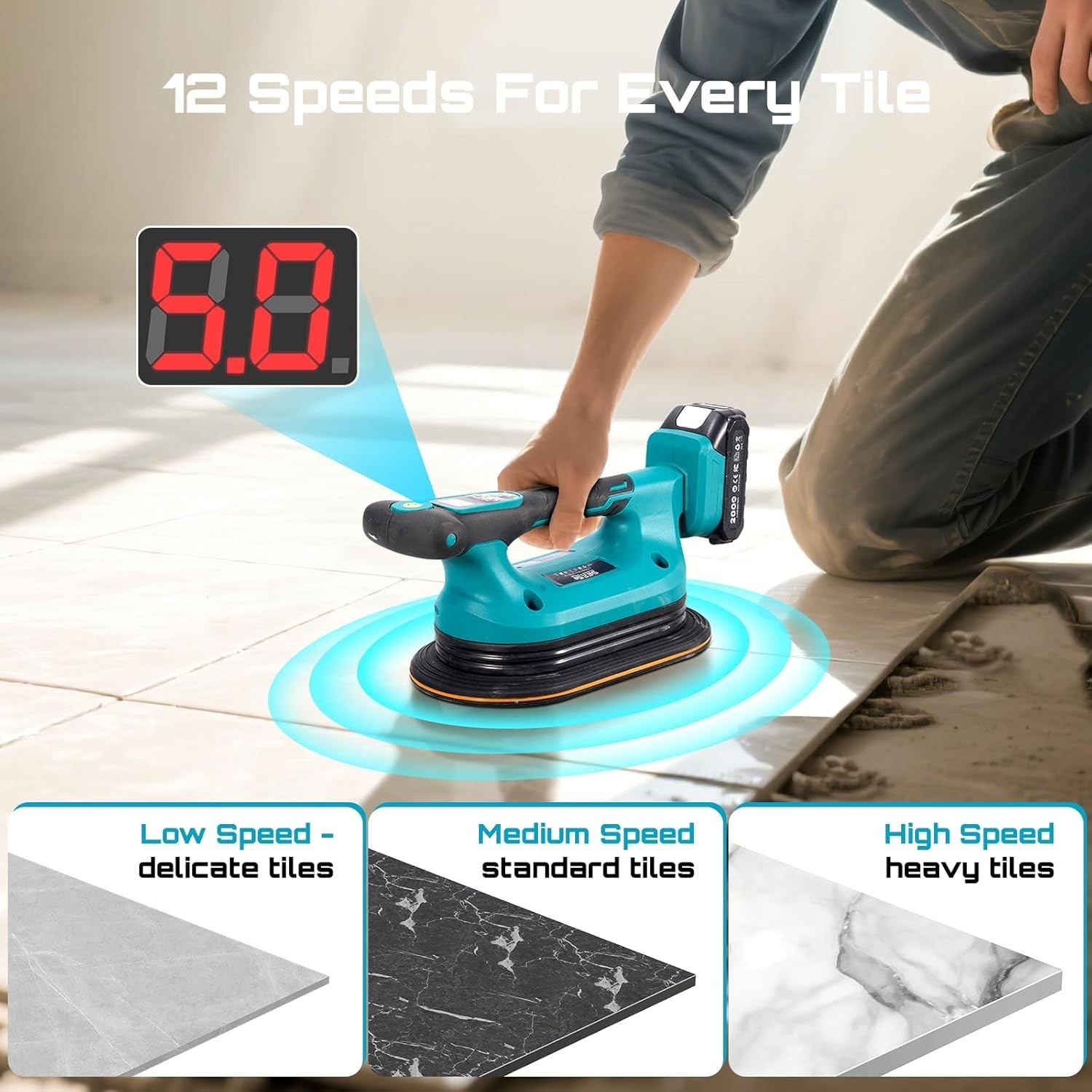 2-in-1 Tile Vibration Tool & Electric Suction Cup 285mm – 12 Speeds, 10 Hours…
