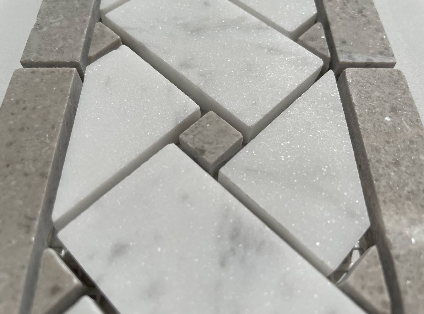 C653BXH Carrara White Marble Basketweave Mosaic Border Gray Dots Honed 4×12