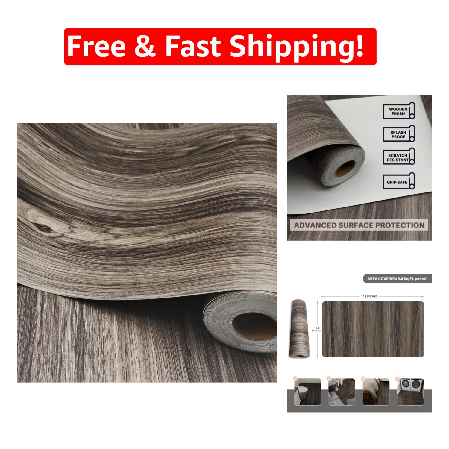 Versatile Wood Grain Peel & Stick Flooring – Durable 11.8” x 9.83 Feet Roll