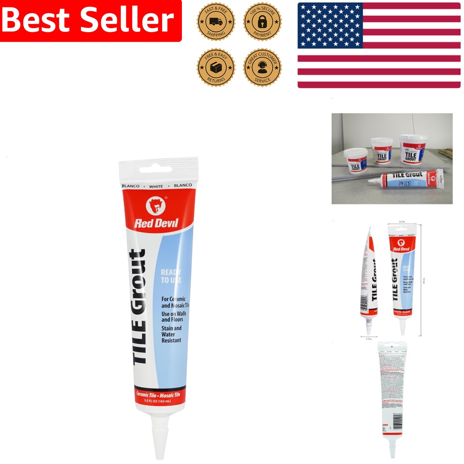 Pre-Mixed Tile Grout Squeeze Tube 5.5oz White – Pro Quality, Excellent Adhesion