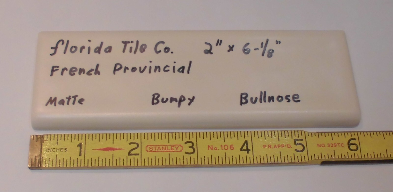 1 pc. French Provincial – very light tan: Bullnose Ceramic Tile by Florida Co.