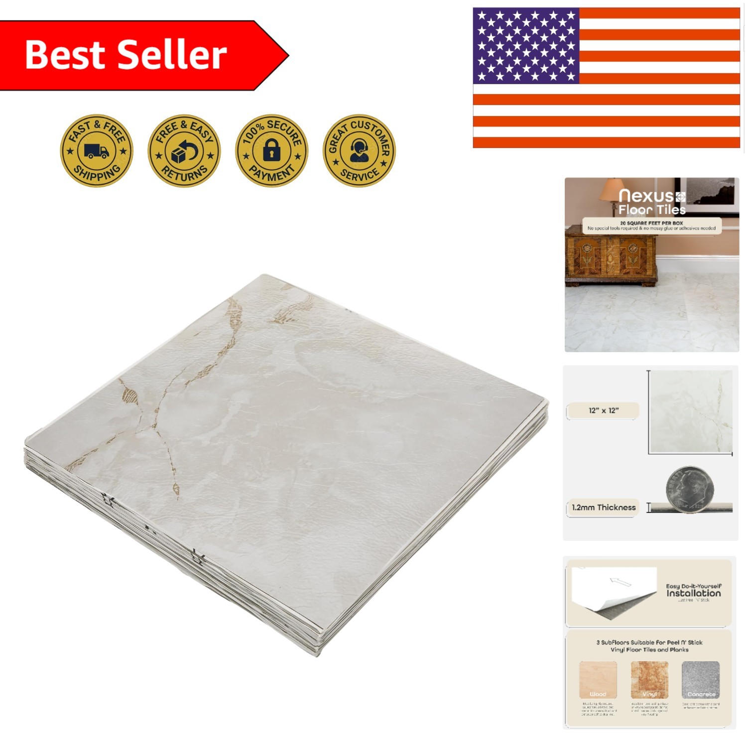 12-Inch Classic White & Grey Vein Vinyl Tiles – 20 Pack, Easy DIY Flooring