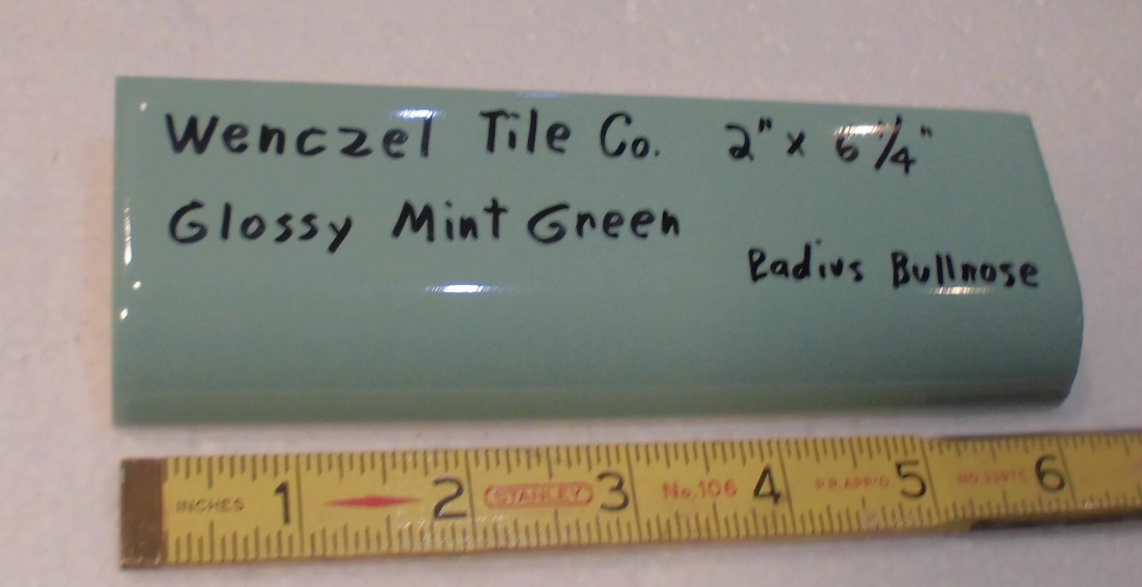1 pc. Mint Green: Glossy Ceramic Radius Bullnose Tile: Wenczel Co. 2″ X 6-1/4″