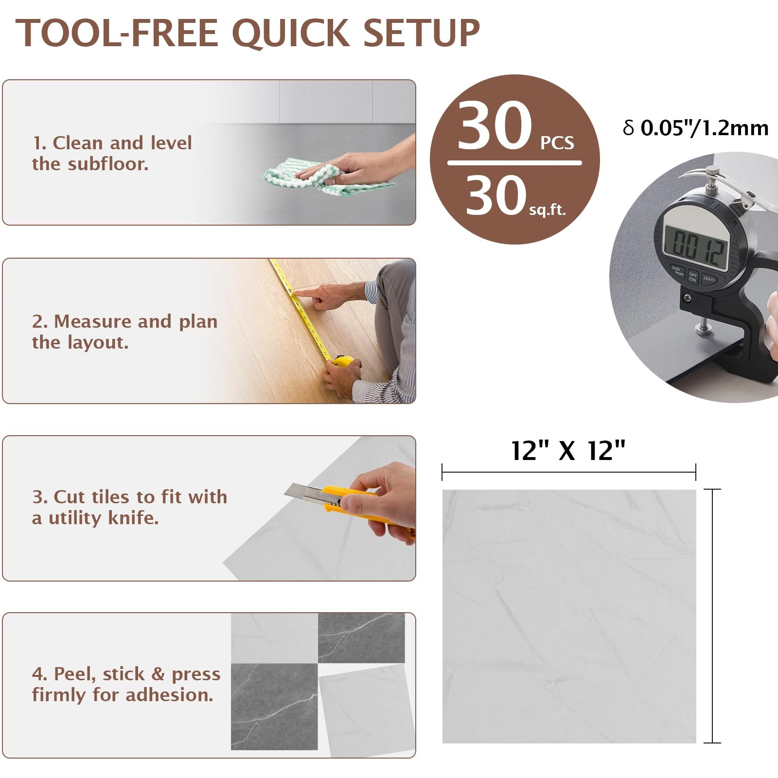 Peel and Stick Floor Tile, 30 PCS 12″ x 12″ Checkered Waterproof Marble Textu…