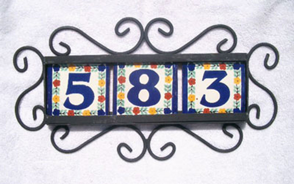 3 Mexican 4×4 House Numbers Tiles with Horizontal Iron Frame