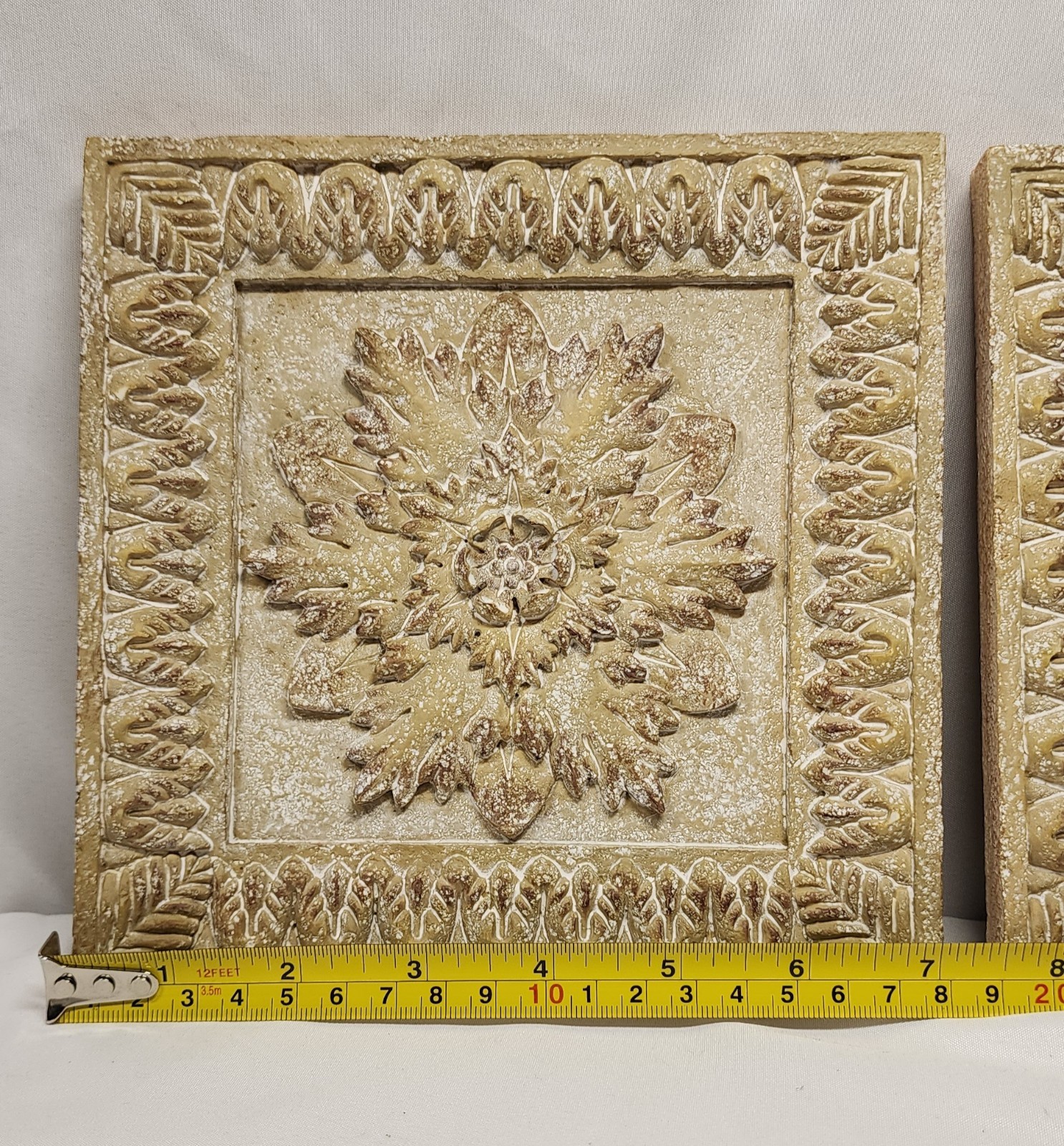 Set of 2 Beige/Brown Embossed Floral Relief Ceramic Wall Decor 8×8