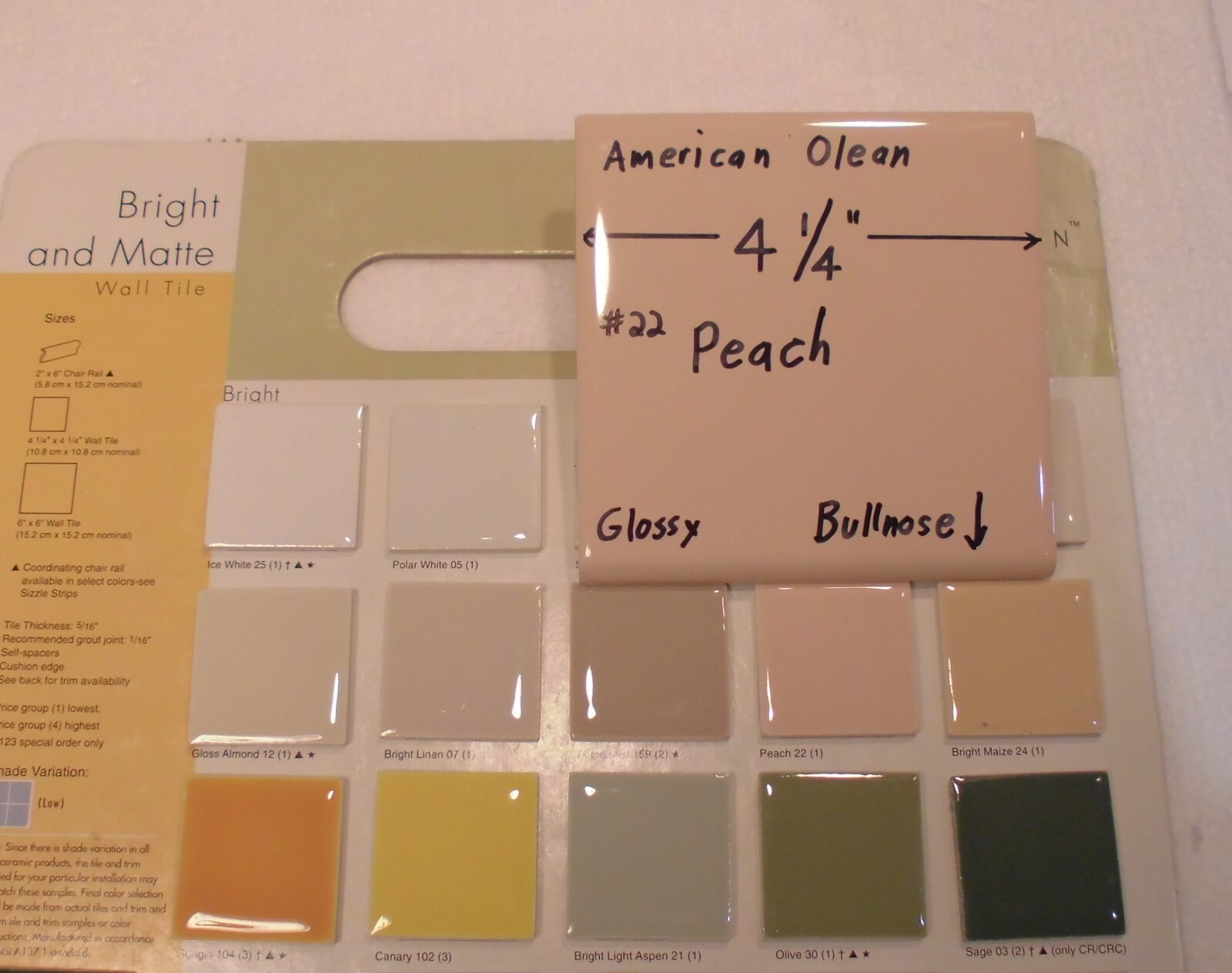 1 pc. *PEACH COLOR* Glossy Bullnose Ceramic Tile #22 by American Olean 4-1/4″