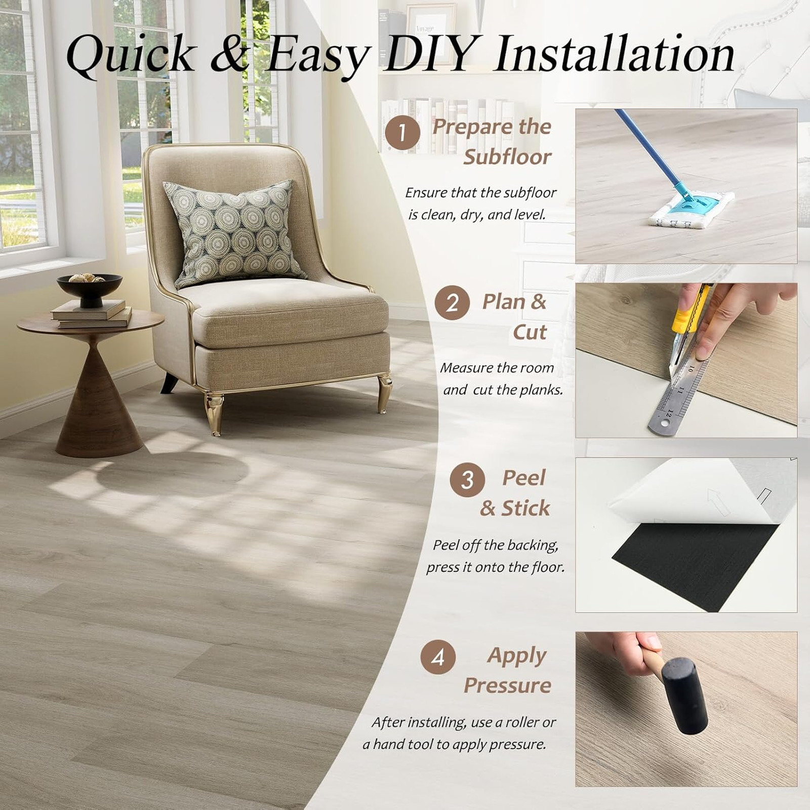 Peel and Stick Vinyl Floor Tile, 36 Pack, 54 Sq Ft, Wood Look, Waterproof, DIY