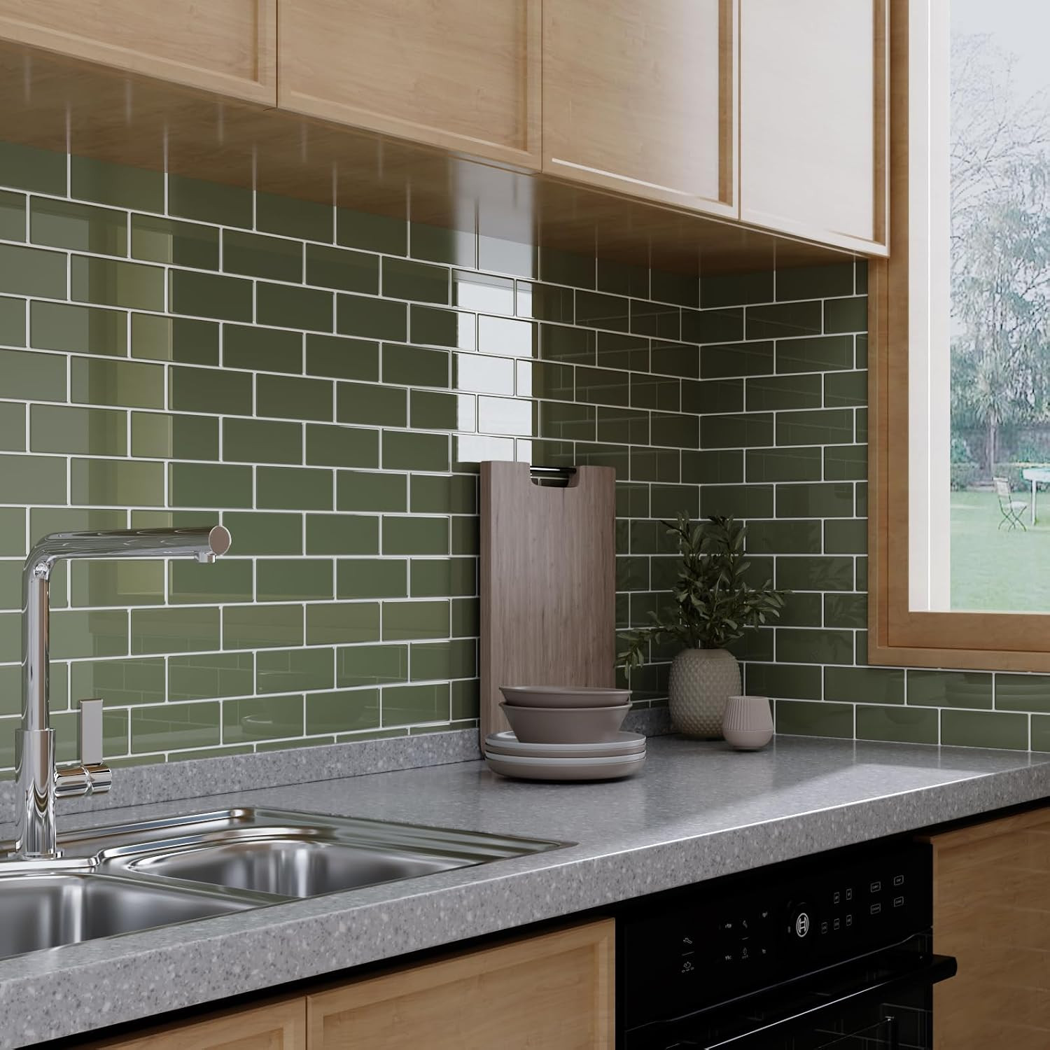 Sage Green Peel and Stick Subway Tile Backsplash – 20 Sheets, 12″x12