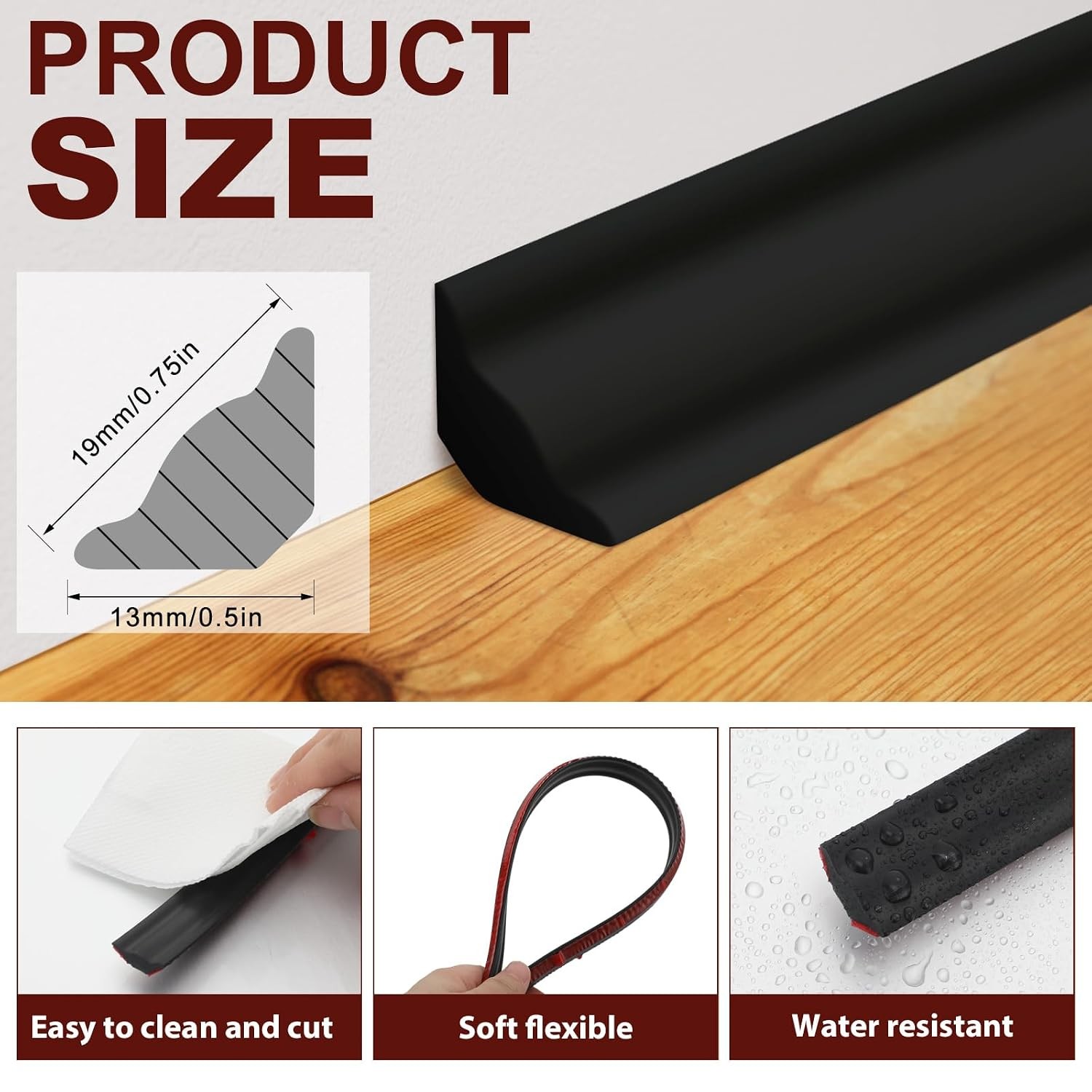 1 Pcs Black 9.84 ft X 1/2 Inch Peel and Stick Baseboard Molding Trim Flexible