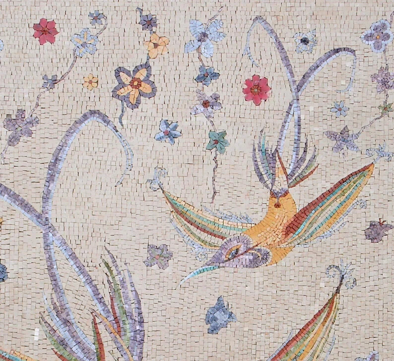 Fun and bright, this handcrafted mosaic will bring color to any space. Two birds