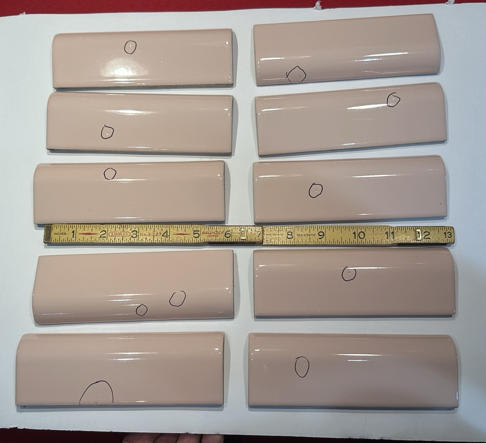 1pc. *Peachy Pink Mist* Glossy Ceramic Radius Mud Cap Bullnose Tile; 2″ X 6″ NOS