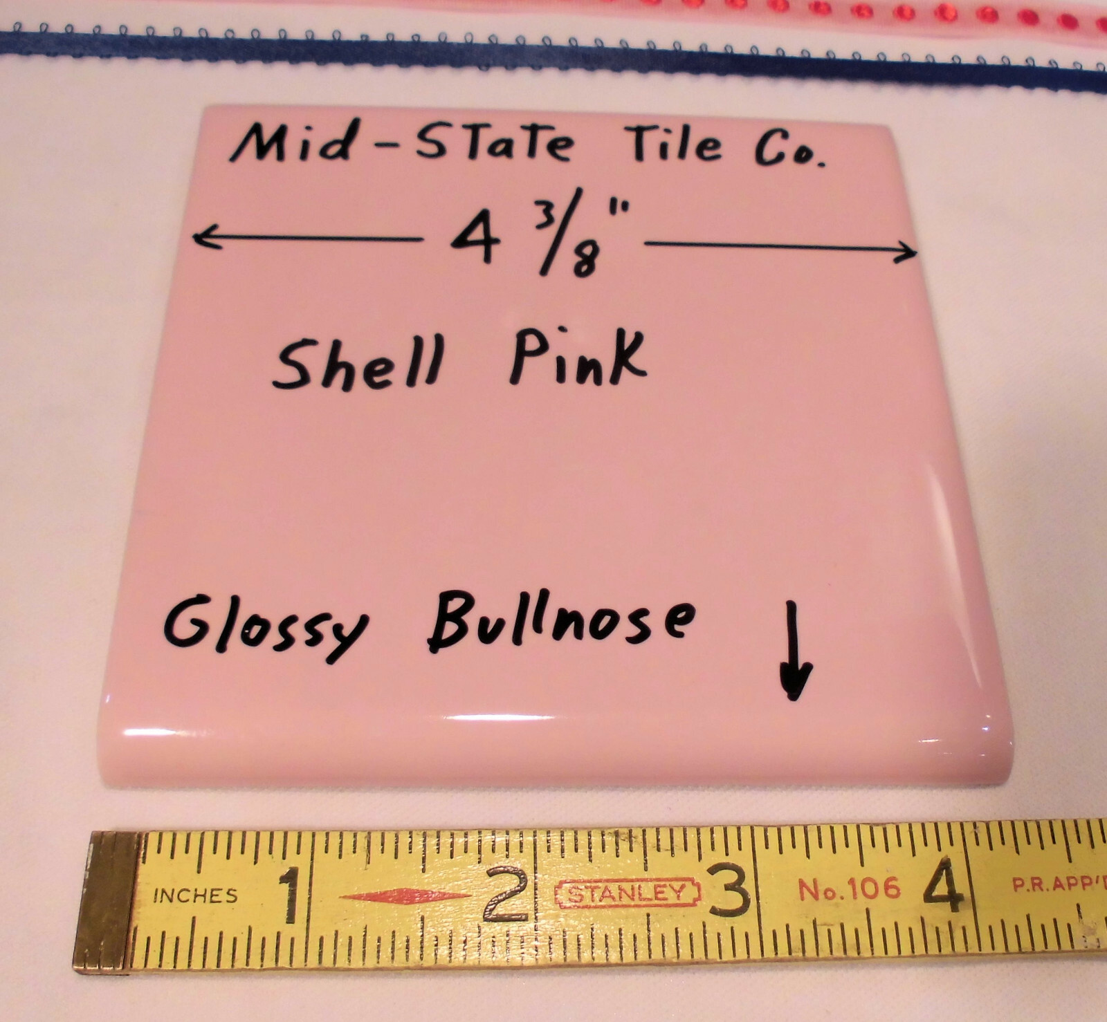 1 pc. “Glossy Shell Pink” Surface Bullnose Ceramic Tile: by 4-3/8″ Mid-State Co.