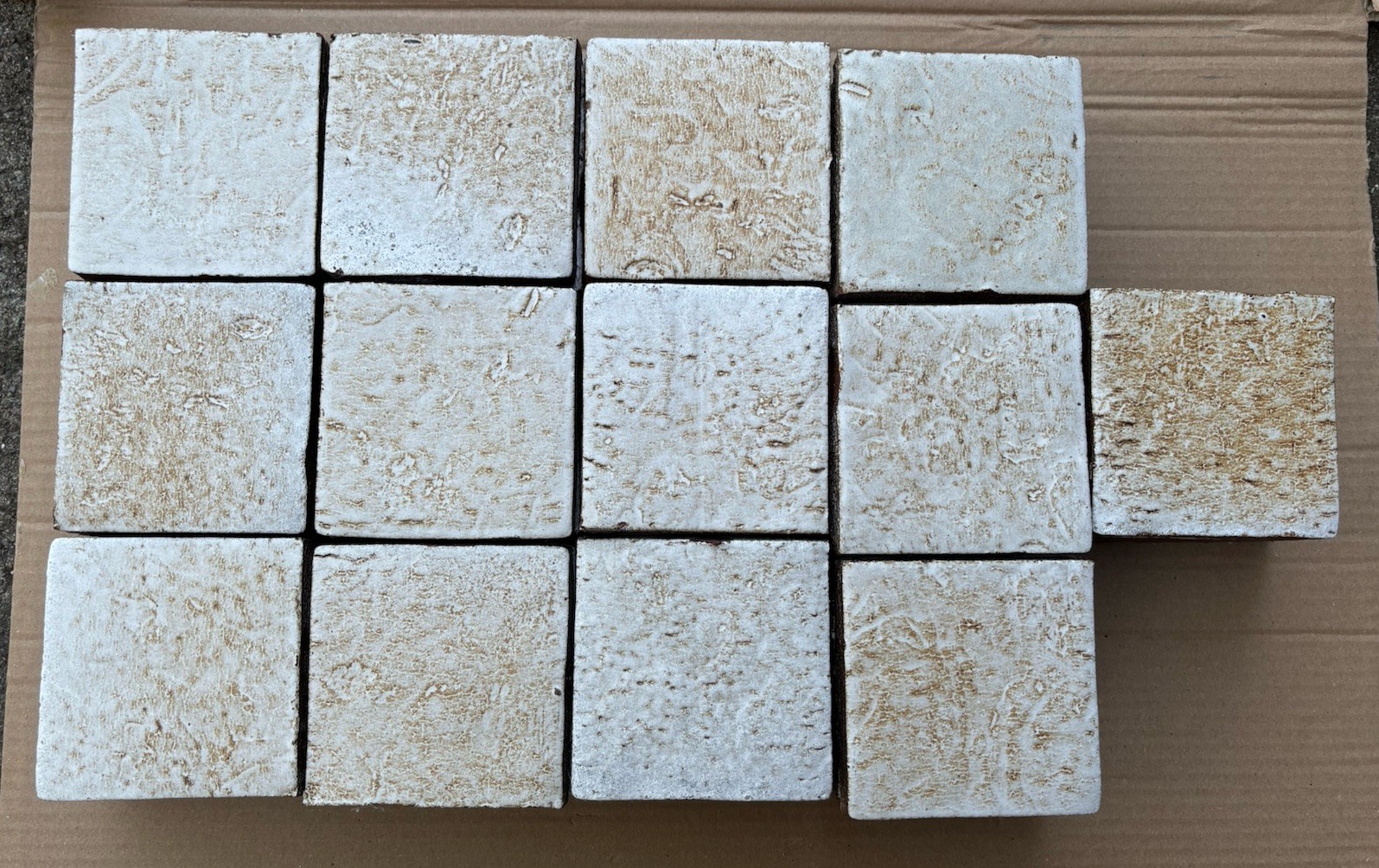 4 Vintage Hand Made Mottled Glazed Field Tile THICK 3 7/8″sq Set of 4 NOS #A