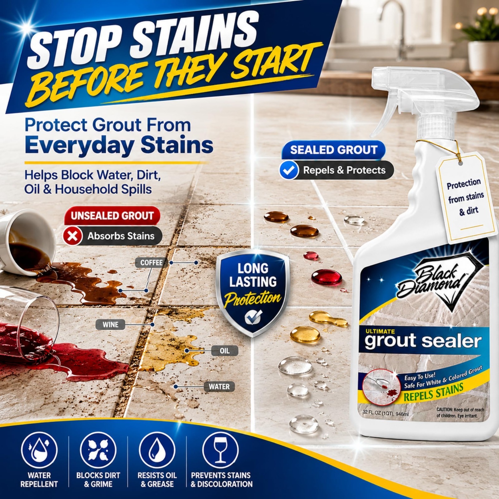 Professional Grout Sealer for Tile & Stone – Stain & Moisture Resistant, Easy-Cl