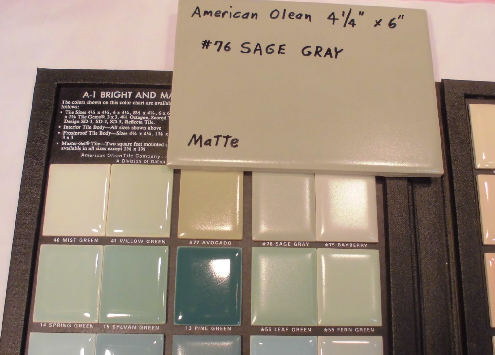 1 pc. Ceramic Matte Tile *Sage Gray* by American Olean 4-1/4″ X 6″ Green
