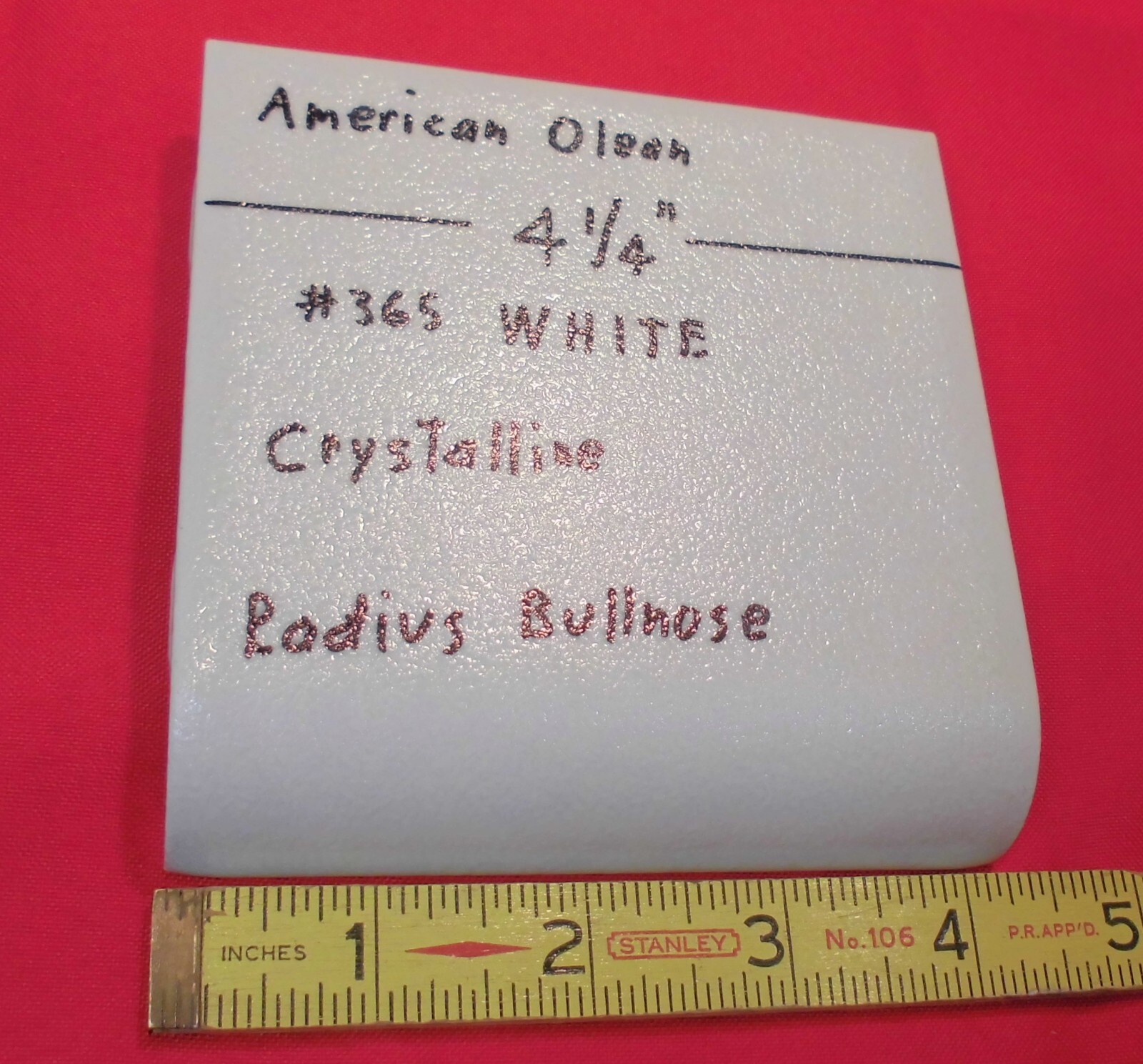 1 pc. WHITE: Crystalline Ceramic Radius Bullnose Tile 4-1/4” American Olean Co.