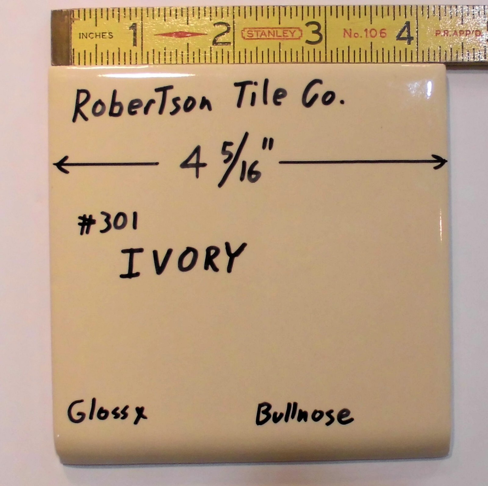 1 pc. Glossy Ceramic Bullnose Tile *Ivory* 4-5/16″ By Robertson Tile Co. New