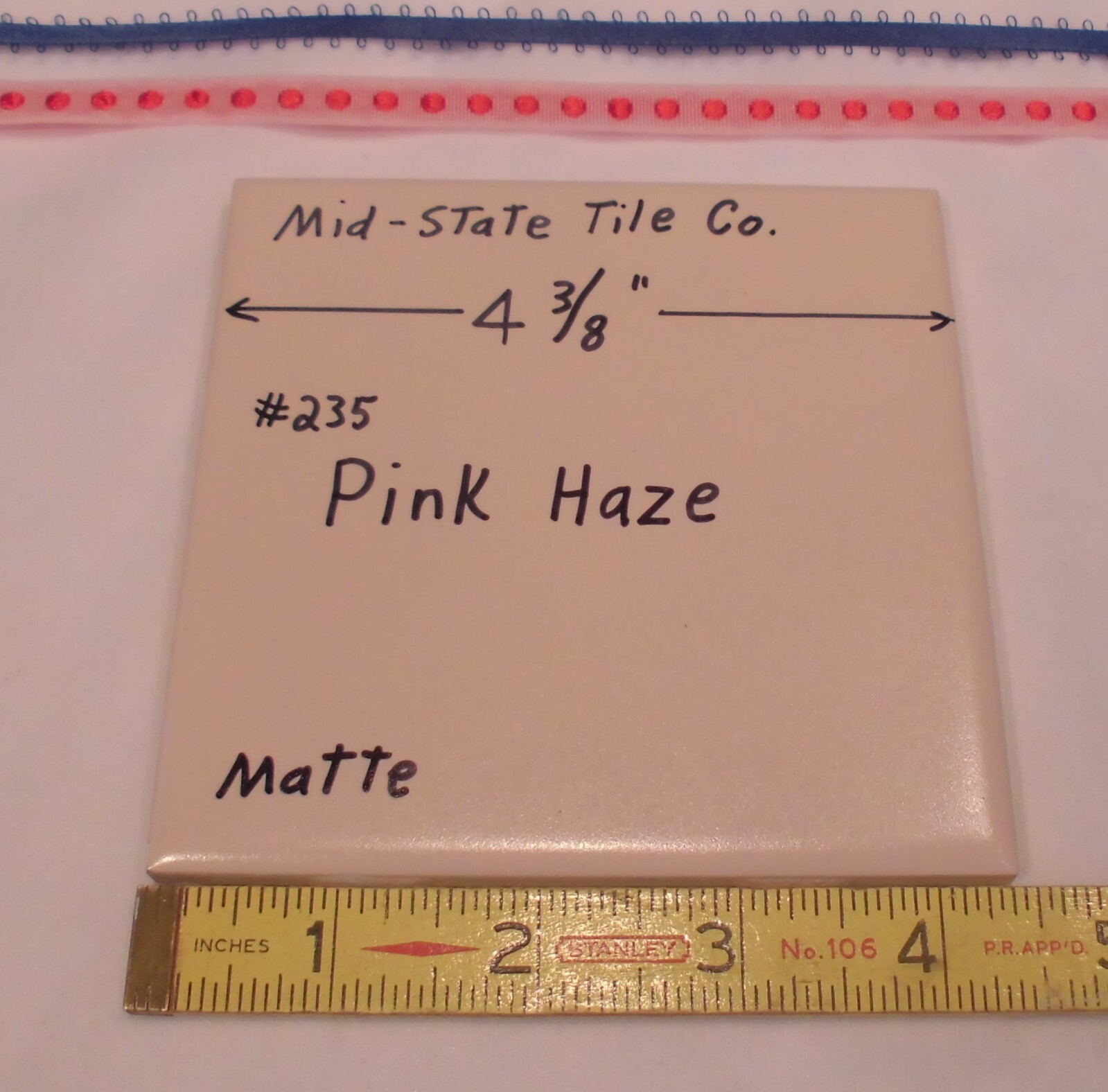 1 pc. Matte Pink Haze #235: Ceramic Tile 4-3/8″ by Mid-State Co. New Old Stock