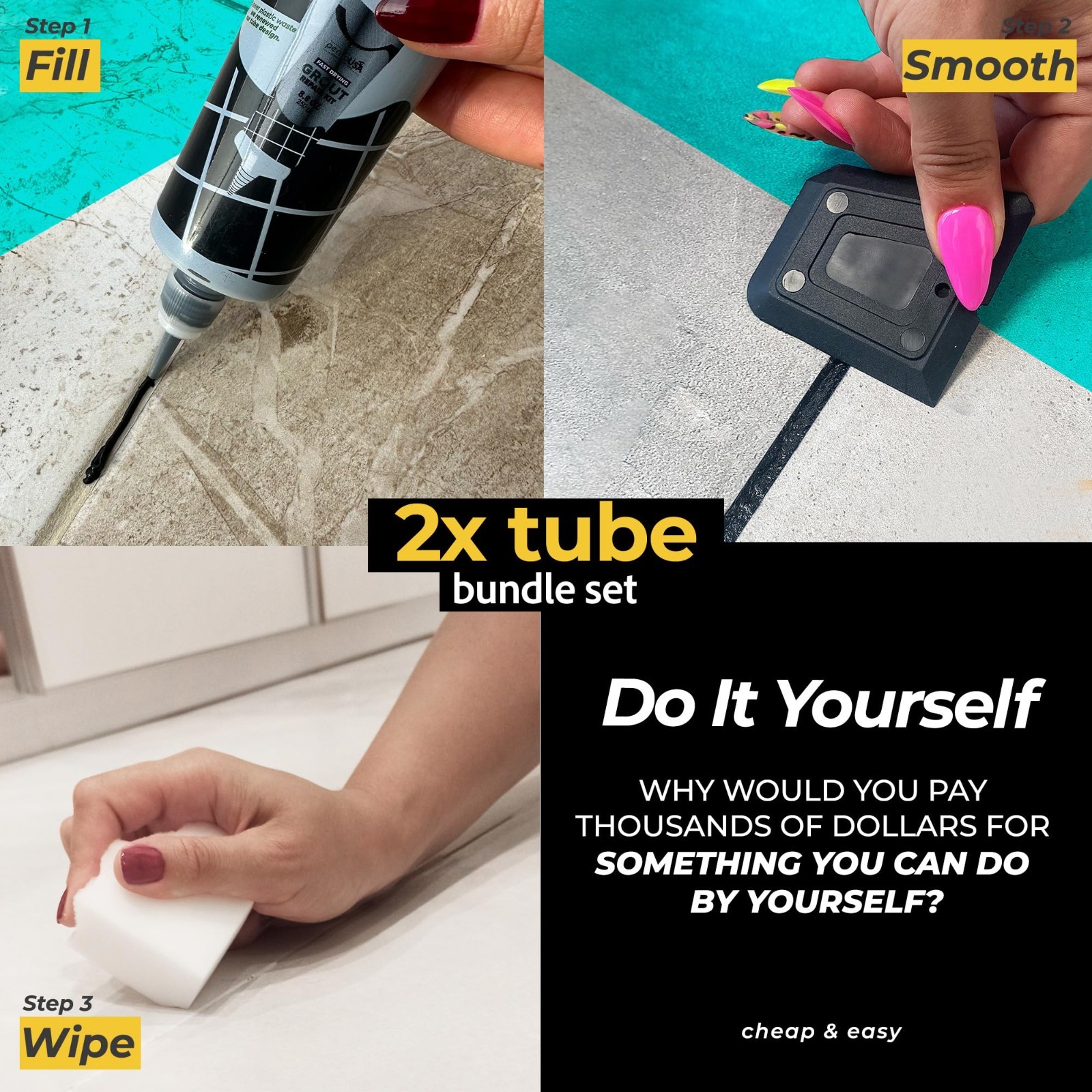 Tile Grout Repair 2-Pack – Black Acrylic Sanded Formula, Water-Resistant, 24-Hou