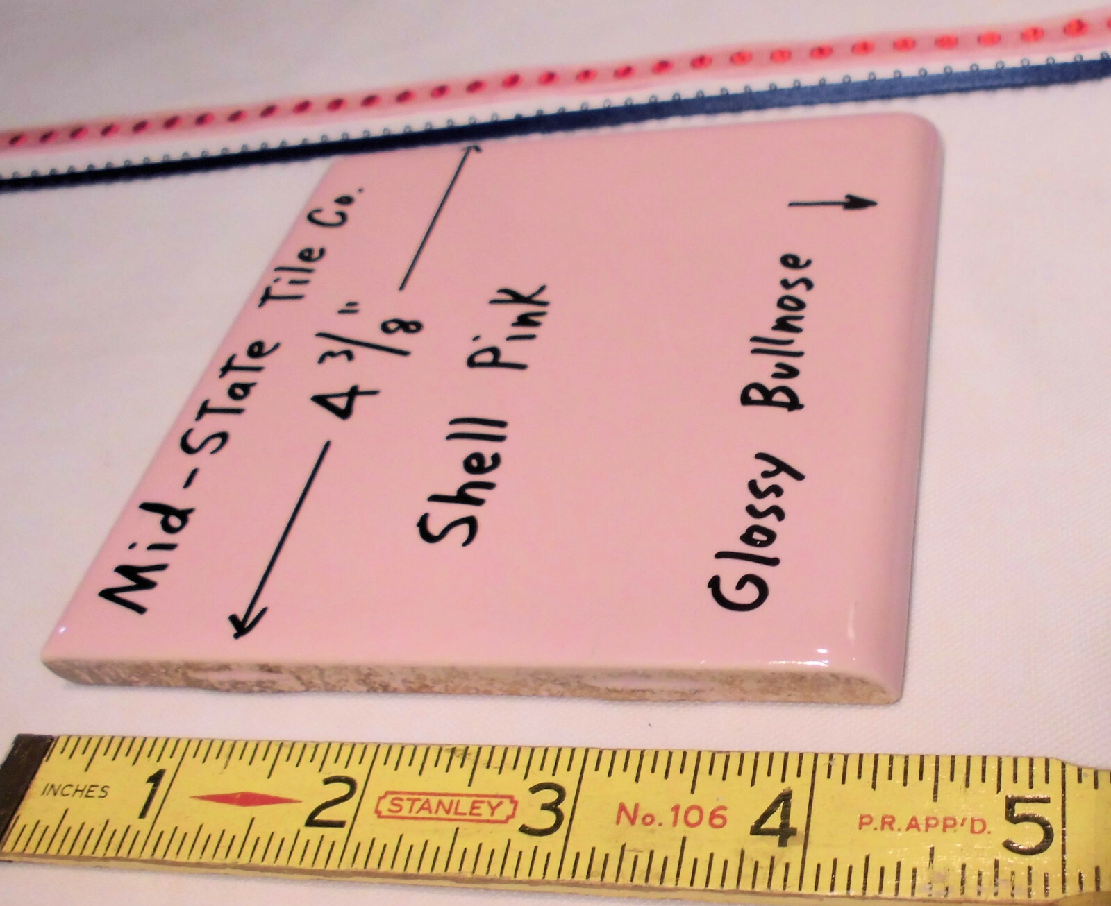 1 pc. “Glossy Shell Pink” Surface Bullnose Ceramic Tile: by 4-3/8″ Mid-State Co.