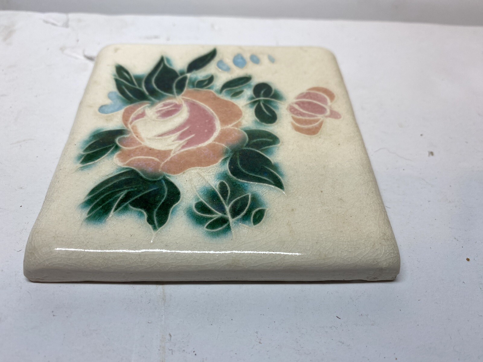Vintage Ceramic Porcelain Kiln Fired Floral 4” Tile