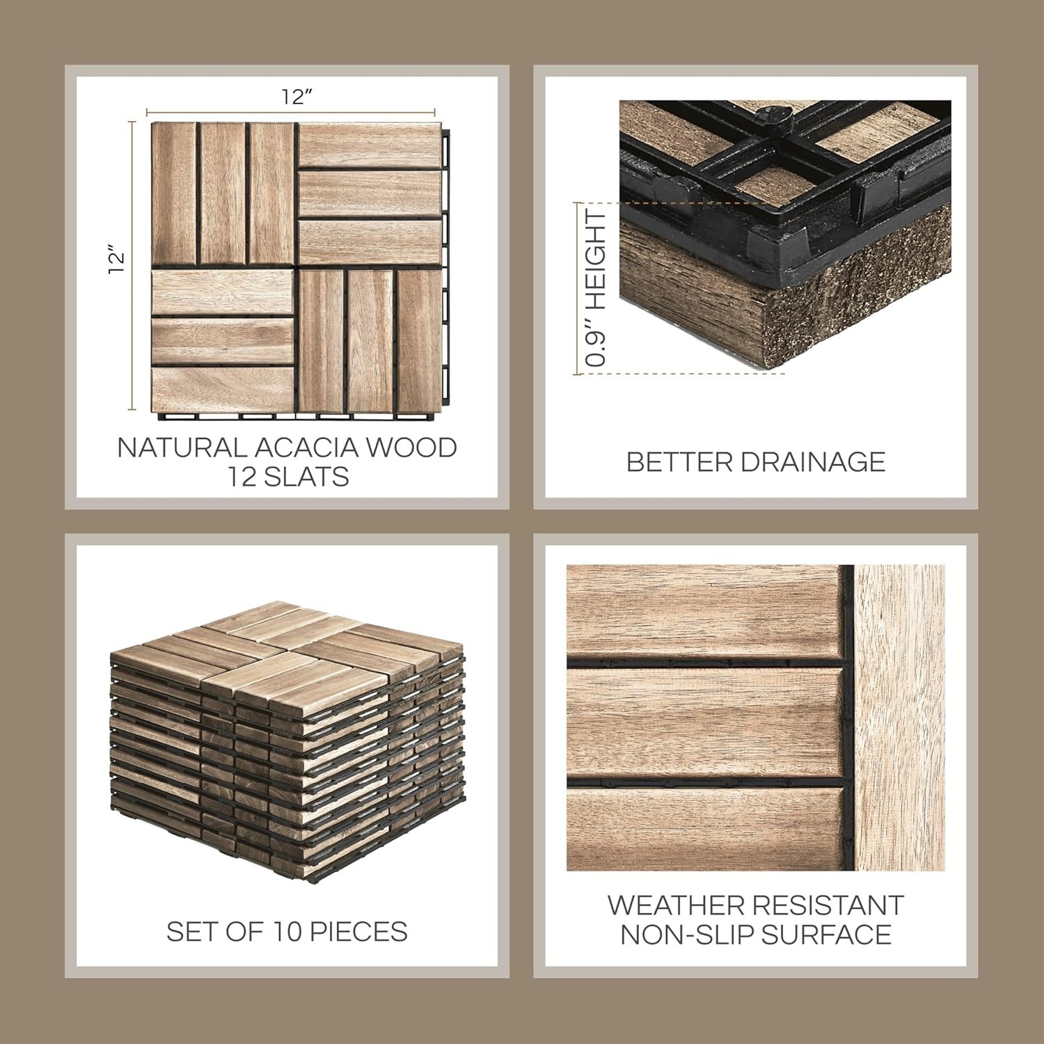 10 Pcs Deck Tiles, Patio Flooring – Outdoor Waterproof Acacia Wood Tiles for…