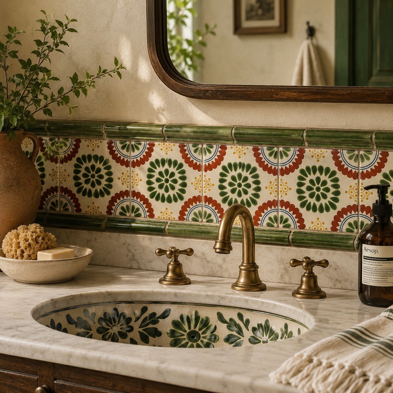 Floral Medallion Green Rosette Talavera Tile 4.25”x4.25” | Handmade Mexican Tile