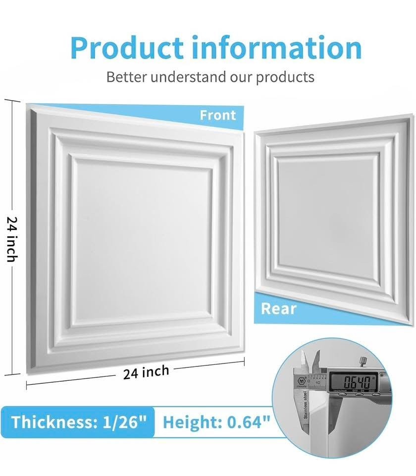PVC Ceiling Tiles, 2’x2′ Plastic Sheet in White 12-Pack Glue Down