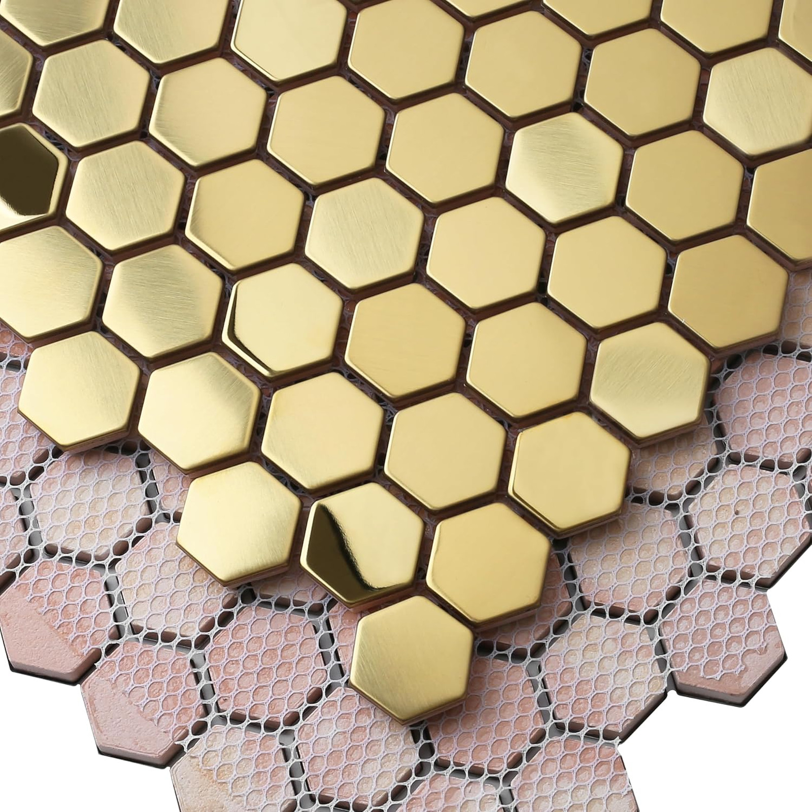 Hexagon Gold Backsplash Tile, Mosaic Sheets 12 Inch Mesh Mounted Brushed Shiny
