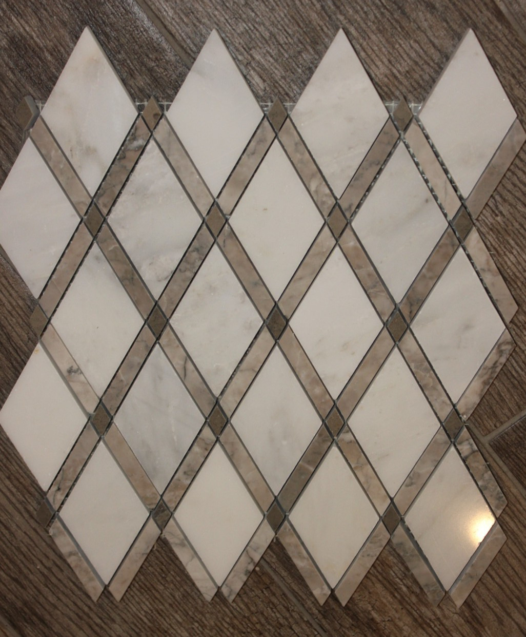 10 SF Sheets Polished Marble Diamond Rhomboid Lattice Mosaics White Beige Taupe