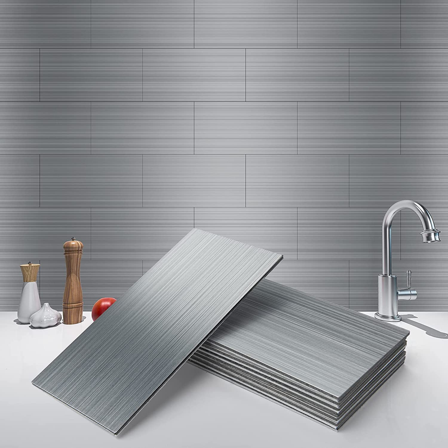 100-Piece Self-Adhesive Stainless Steel Subway Tile Backsplash, 3″ x 6