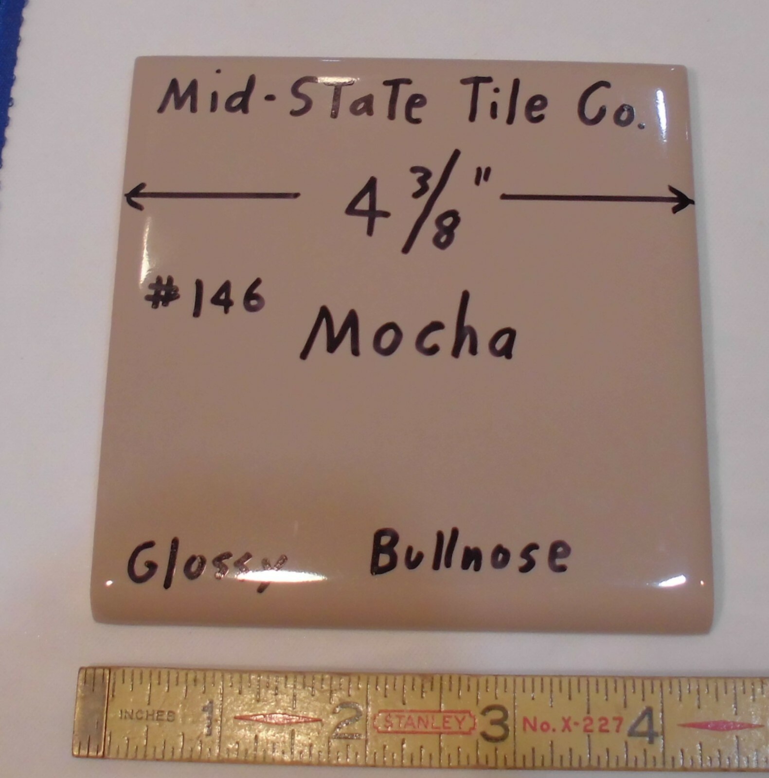 1 pc. *Mocha – Brown* Bullnose Ceramic Tile 4-3/8″ by Mid-State Co. Glossy NEW