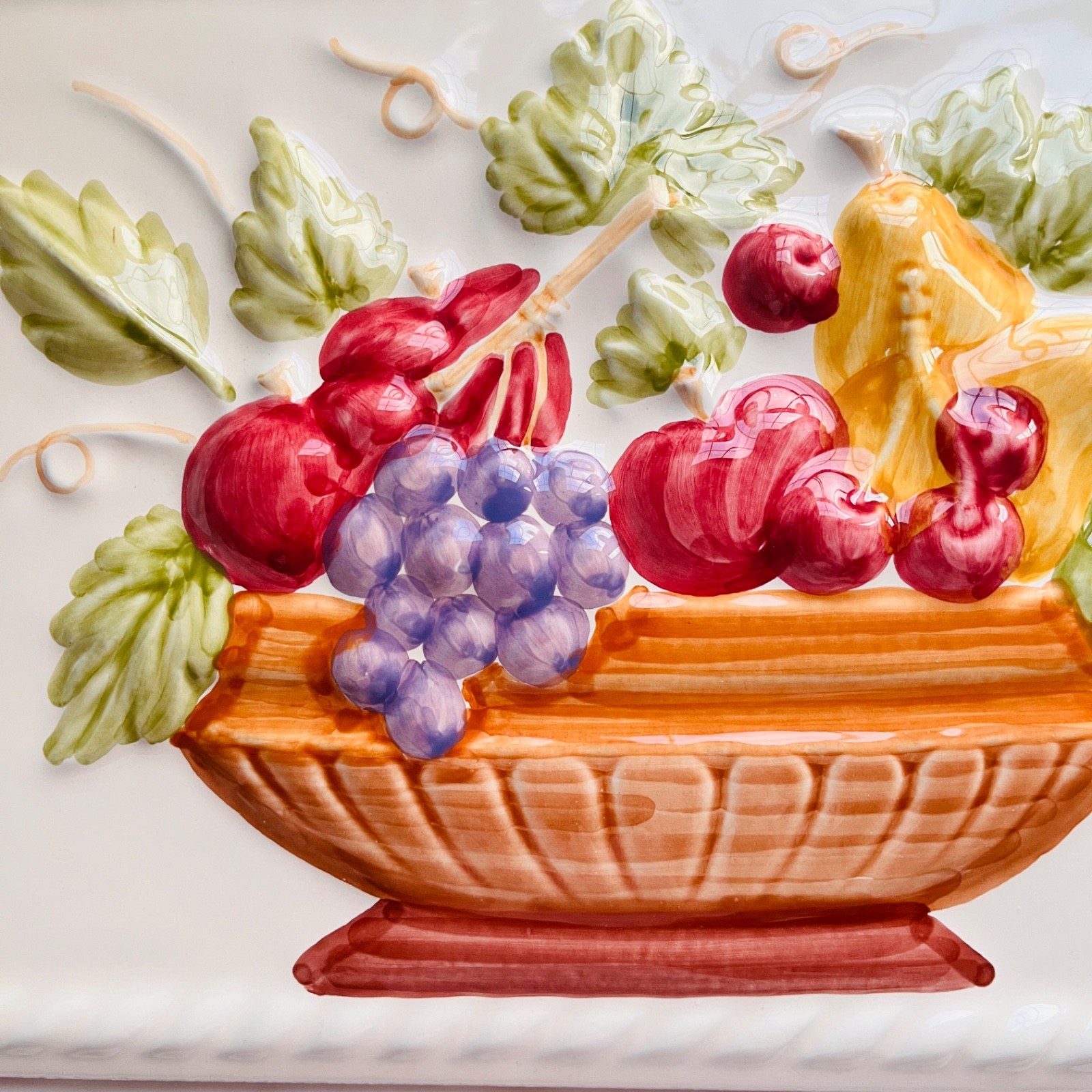 Vintage Embossed 3D Ceramic Fruit Basket Wall Tile Plaque Accent Piece Kitchen