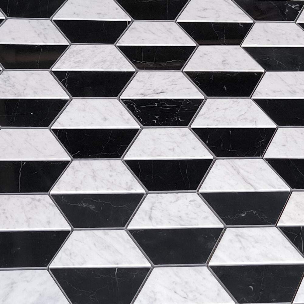 C35T1XP Carrara White Marble Trapezoid Split Hexagon Mosaic Tile Black
