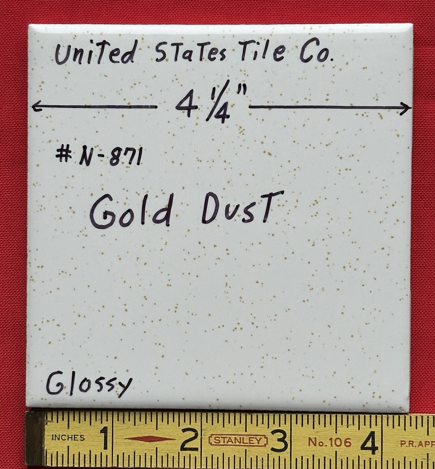1 pc. Gold Dust: 4-1/4″ Gloss White Speckled Gold Ceramic United States Tile Co.