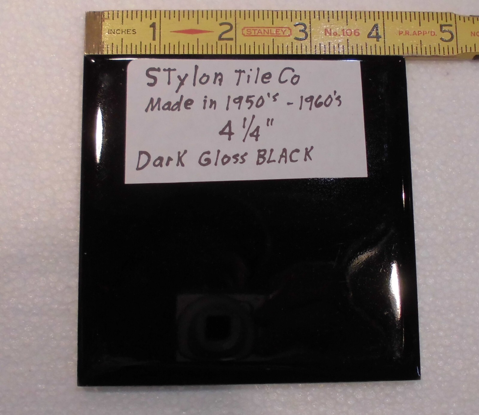1 pc. Dark Gloss Black: 4-1/4″ Ceramic Tile by Stylon Co. Made in 1950’s -60’s